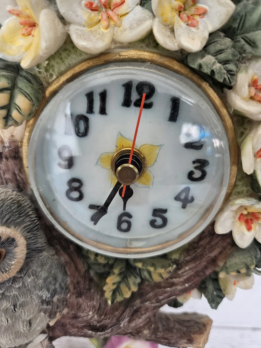 Vintage Resincraft Owl Table Clock - Hand-Painted Double Owls & Flowers Decor